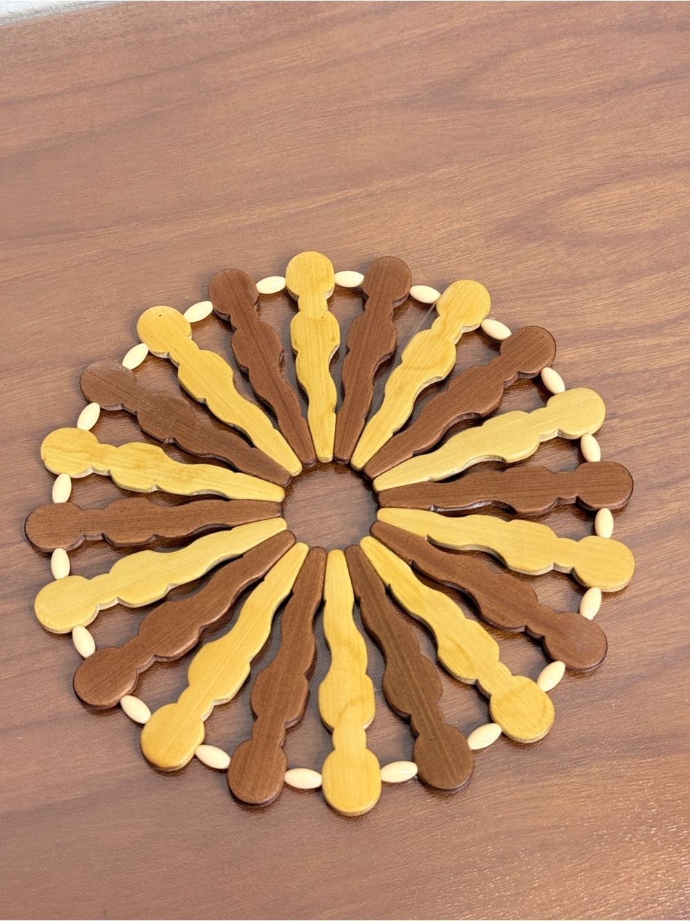 Vintage Two-Tone Wooden Round Trivet with Beads 8-inch Boho